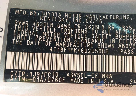 2016 Toyota Camry Le from USA, damaged, VIN 4T1BF1FK4GU205986